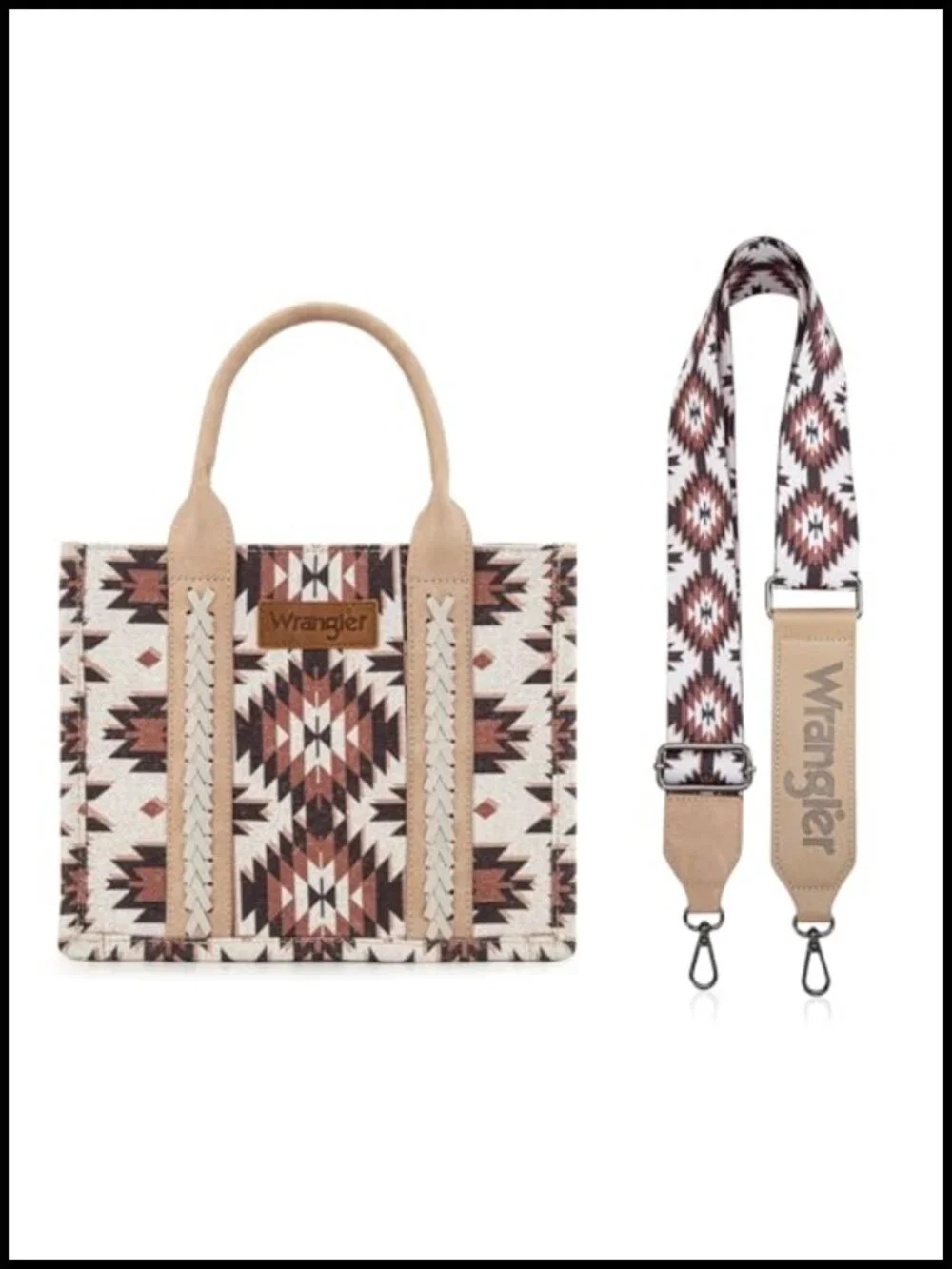 Boho Aztec Tote Bag with Leather Handles, Top Zipper Closure, Adjustable Guitar